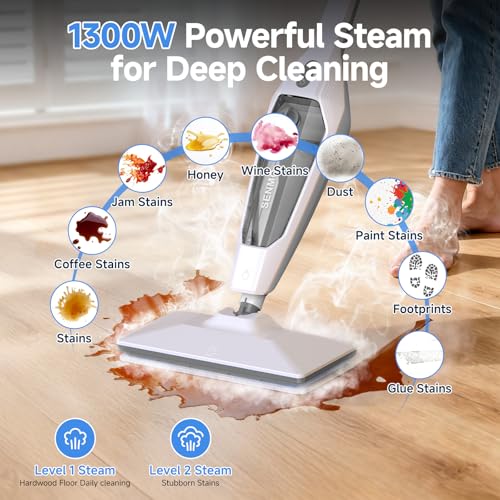 SENMO 14-in-1 Steam Mop for Floor Cleaning, Detachable Handheld Steam Cleaner, 1300W 228°F Floor Steamer with 14 Attachments for Hardwood Floors, Tile, Grout, Carpet, Sofa, Wall and Window
