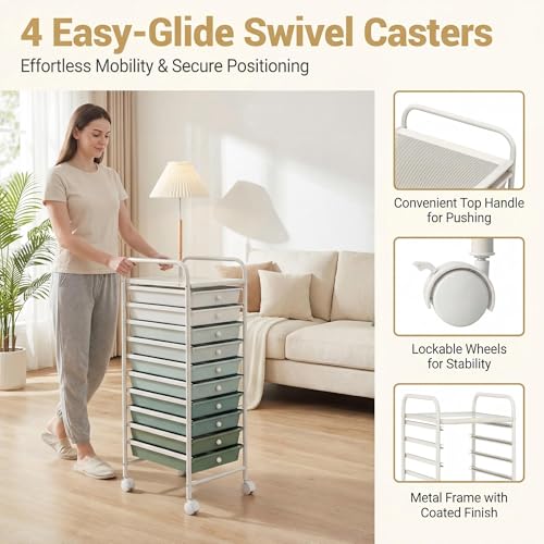 COSTWAY 10-Drawer Rolling Storage Cart, Utility Mobile Trolley with Removable Drawers & Universal Casters & 2 Brakes (Green Gradient,13"L x 15"W x 34"H (10 Drawer)) - color: Green Gradient, size: 13"L x 15"W x 34"H (10 Drawer)