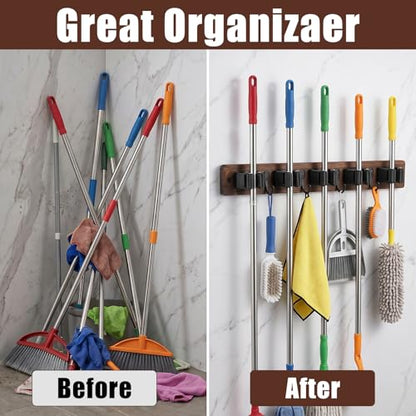 2 Pack Broom Holder Wall Mount Rustic Wood Broom Hanger Wall Mount With 5 Slots And 4 Hooks Mop And Brooms Organizer Walls Hanging For Laundry Rooms Garage Kitchen Closet Decor Brown