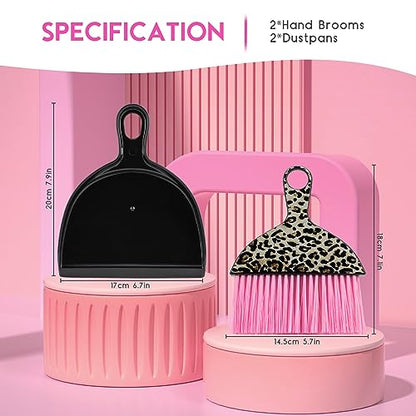 THINKLEARN 2PCS Small Dust Pan and Brush Set, Mini Broom Dustpan Kit | Portable Brush Dustpan Combo Set, Pink Leopard Print Design, Compact Cleaning Supplies - color: Pink