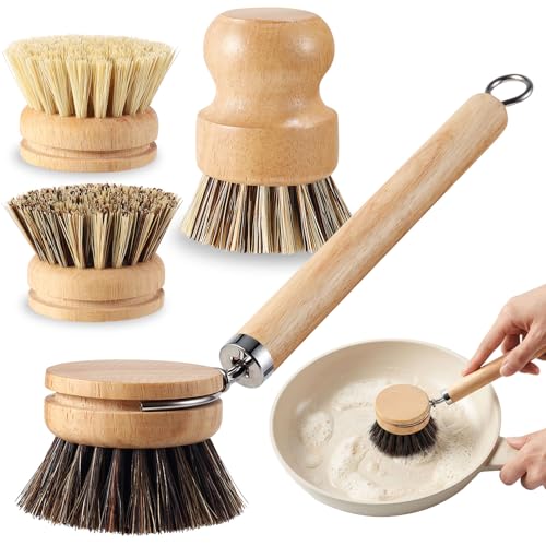 5 Pcs Bamboo Wood Dish Brush Set Includes 1 Wooden Handle with 3 Natural Replaceable Bristle Heads and 1 Handheld Bamboo Wok Brush Scrubber for Dishes Pans Pots Fruit and Veggie Washing(Style A)