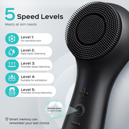 COSLUS FBS03 Face Scrubber Facial Cleansing Brush: 2 in 1 Spin and Vibration Patented, Silicone Electric Exfoliator Scrubber with Automatic Foaming, Waterproof Face Cleanser Brush for Men and Women - color: Black