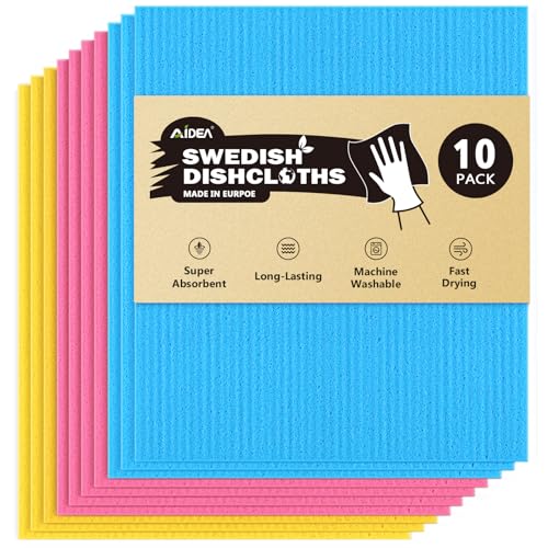 AIDEA Swedish Dish Cloth, 10PK, Swedish Dishcloths for Kitchen, Reusable Paper Towels Washable, Sponge Cloths Kitchen, Absorbent Dish Rags, Dish Towels Cloth, 7"x6" - color: Blue Pink Yellow