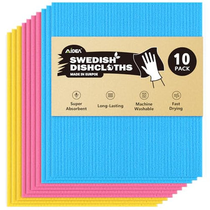 AIDEA Swedish Dish Cloth, 10PK, Swedish Dishcloths for Kitchen, Reusable Paper Towels Washable, Sponge Cloths Kitchen, Absorbent Dish Rags, Dish Towels Cloth, 7"x6" - color: Blue Pink Yellow