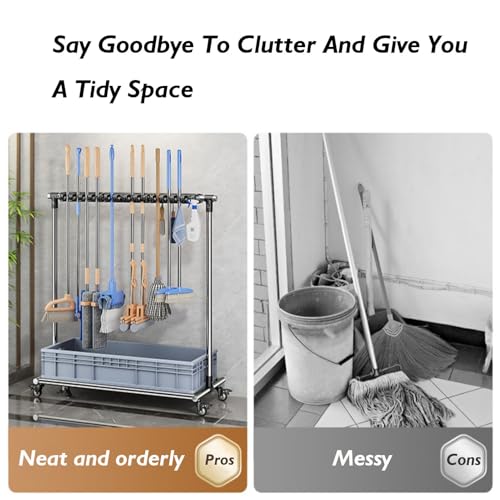 Mop and Broom Rack, Removable Broom Organizer Storage Tool Rack, Can Hold Wet Mops Stainless Steel Can Hold Long Handled Tools/Rakes/Brooms(176x70x49cm) - size: 176x70x49cm