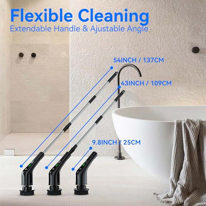 Electric Spin Scrubber,Bathroom Cleaning Brush with Long Handle 8 Replaceable Brush Heads, 2 Adjustable Speeds, Cordless Power Cleaning Brushes for Bathtub Grout Tile Floor
