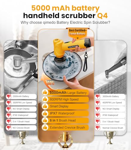 qimedo Battery Electric Spin Scrubber Q4, Handheld Scrubber for Cleaning with Display, Power Dish Scrubber with 5 Heads, Shower Cordless Cleaning Brush for Bathroom/Sink/Window - size: 5000mAh Scrubber with 5.0-inch Handle
