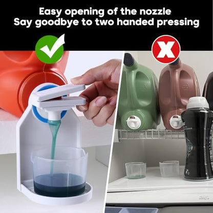 KMOUANTS 2 Pack Laundry Detergent Dispenser Cup Holder, Nozzle button upgrade，Easily No More runny or Messy Laundry Detergent, Laundry Cup Holder and drip Tray Room Organization and Storage