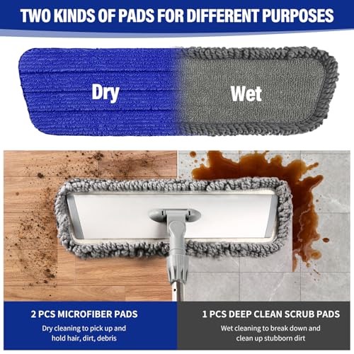 18-Inch Microfiber Mop, Flat Mop for Floor Cleaning with 3 Washable Pads | Stainless steel handle, 3 reusable microfiber pads, wet/dust mopping for hardwood, vinyl, laminate & tile floors