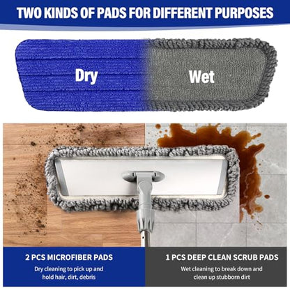 18-Inch Microfiber Mop, Flat Mop for Floor Cleaning with 3 Washable Pads | Stainless steel handle, 3 reusable microfiber pads, wet/dust mopping for hardwood, vinyl, laminate & tile floors
