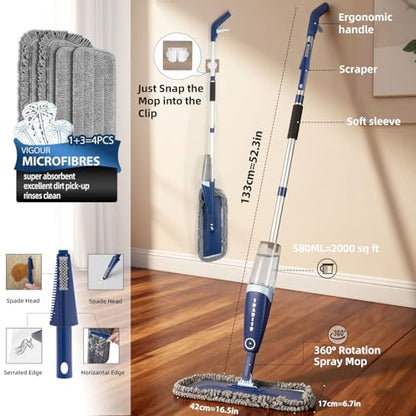 DARIS Spray Mop for Floor Cleaning Microfiber Mop for Wet and Dry Use with 52.3in Long Pole, 20 FL.OZ. Large Capacity, 4 Reuseable Pads for Wall, Hardwood, Vinyl, Laminate, Ceramic, Tile Cleaning Tool