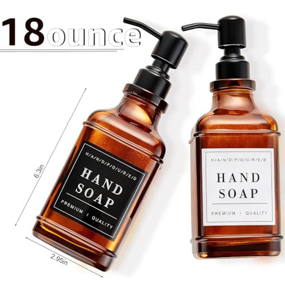 Dish and Hand Soap Dispenser for Kitchen, Amber Glass Soap Dispenser with Pump,Tray,Funnel, Set of 2 Countertop Soap and Lotion Dispenser for Bathroom,Shower,500ml/16.9oz, - color: Ks-5070c-28y-2b