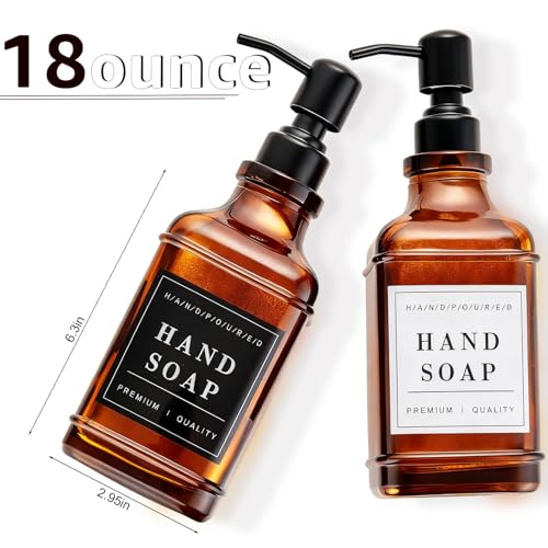 Dish and Hand Soap Dispenser for Kitchen, Amber Glass Soap Dispenser with Pump,Tray,Funnel, Set of 2 Countertop Soap and Lotion Dispenser for Bathroom,Shower,500ml/16.9oz, - color: Ks-5070c-28y-2b