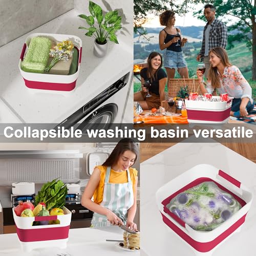 2.4 Gal Collapsbile Wash Basin with Drian Plug,9L Dish Pan for Soaking Baby Bottles,Portable Sink, Multiuse Foldable Bucket,Ice Beverage Tubs for Camping, Vegetable Washing, RV (Viva Magenta) - color: Viva Magenta