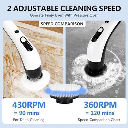 PUNOMO Electric Spin Scrubber, Cordless Bathroom Cleaning Brush with 8 Replaceable Heads & Adjustable Handle, IPX7 Waterproof Shower Scrubber with LCD Display, 2 Speeds for Bathtub, Floor, Tile