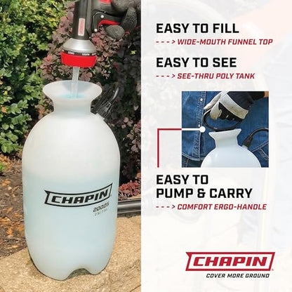 Chapin 20004 Pump Sprayer, 1-Gallon SureSpray Translucent Tank with an Easy Fill Funnel-Top Opening, Adjustable Cone Nozzle & 34" Long Reach Hose, Used for Fertilizer, Pesticides, Weeds & Pests | Durable lightweight tank; ideal for weed control, plant car
