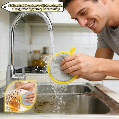 Double Sided Kitchen Sponges for Dishes, Round Scrubbing Pads with Steel Wire Nylon and High Elasticity Sponge, Non Scratch Cleaning Pads with Hanging Loop for Dishes, Pots, Sinks & Bathroom