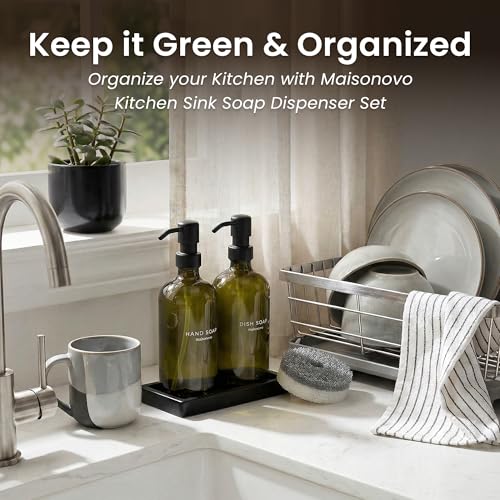 Maisonovo Kitchen Soap Dispenser Set - Hand and Dish Soap Dispenser Set with Green Glass Soap Dispenser, Black Pumps & Ceramic Tray - color: Green Bottles/ Black Pumps/ Black Ceramic Tray