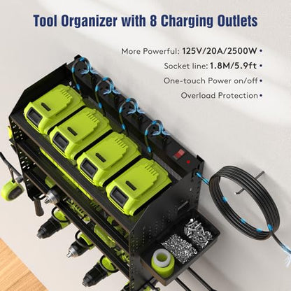 Heavy Duty Power Tool Organizer Wall Mount with Charging Station, 4 Layer Garage Storage Adjustable Shelves Height, Holds 4 Drills, 2 Hooks, Screw & Screwdriver box, Gifts for Fathers Day, Anniversary - color: Black