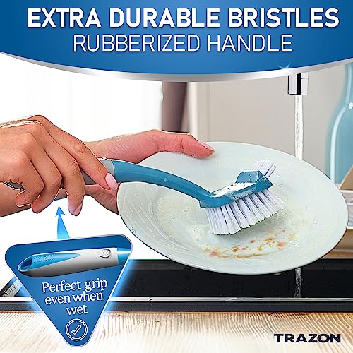 Dish Brush Set of 5 with Convenient Holder, Bottle Water Brush, Dish Scrub Brush, Scrubber Brush and Straw Brush - Kitchen Scrub Brushes Non Slip Long Handle for Sink Dishes Cup Pot - color: Blue, Set of 5 With Holder