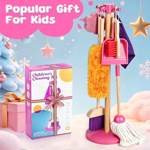 Masthome Wooden Kids Cleaning Set, 8 Pcs Toddler Housekeeping Pretend Play Toys, Broom Mop Dustpan Duster Cleaning Tools with Storage Stand, Educational Life Skill Play Kit for Boys GirlsAges 3+