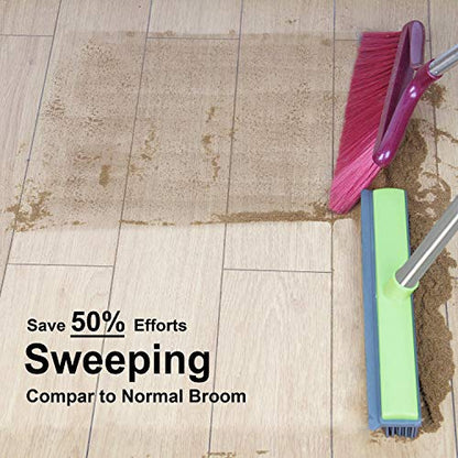 LandHope Push Broom Long Handle Rubber Bristles Sweeper Squeegee Edge 59 inches Non Scratch Bristle Broom for Pet Cat Dog Hair Carpet Hardwood Tile Windows Clean Water Resistant (Multi Segment Handle) - color: Grey-green