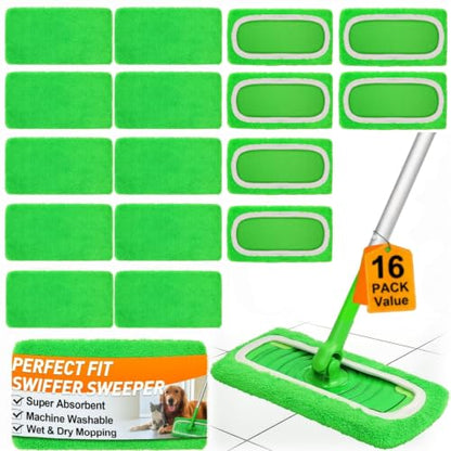 16 Pack Reusable Microfiber Mop Pads Compatible with Swiffer Sweeper, Washable Wet & Dry Mopping Pad Refills for Hardwood, Pet Hair, Laminate, Marble, Multi-Surface Floor Cleaning - size: 16PC–Family Value Pack