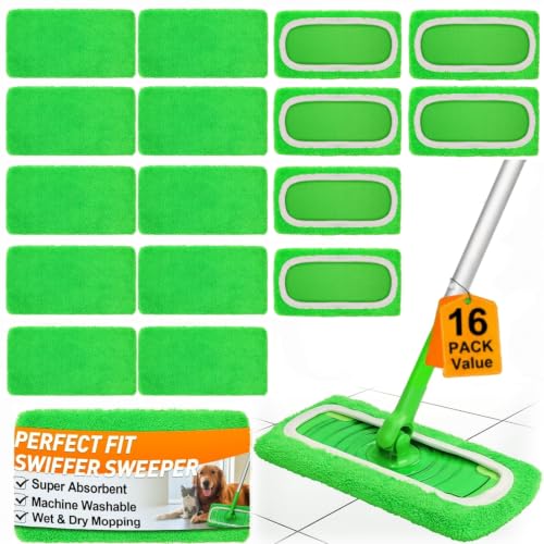 16 Pack Reusable Microfiber Mop Pads Compatible with Swiffer Sweeper, Washable Wet & Dry Mopping Pad Refills for Hardwood, Pet Hair, Laminate, Marble, Multi-Surface Floor Cleaning - size: 16PC–Family Value Pack