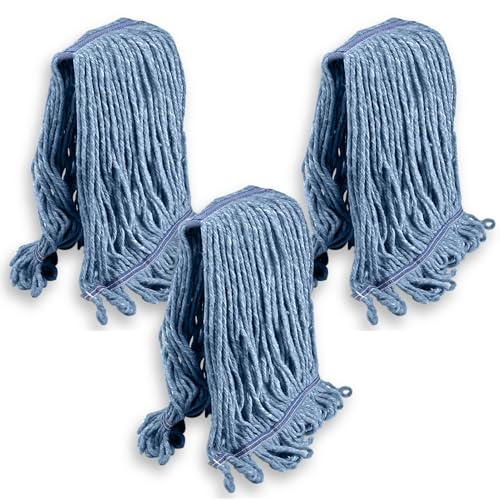 KLEEN HANDLER General Cleaning Mop Heavy Duty Commercial Replacement, Wet Industrial Blue Cotton Looped End String Head Refill (Pack of 3) - size: 3 Count