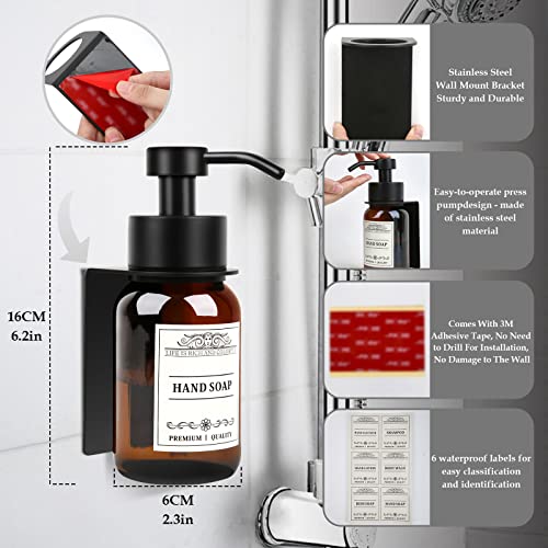 8.5oz Brown Glass Soap Dispenser 2 Pack for Kitchen Bathroom Black | Leakproof conditioner and hand soap pump set with waterproof DIY labels; rustproof holder saves countertop space. - color: Amber Set of 2