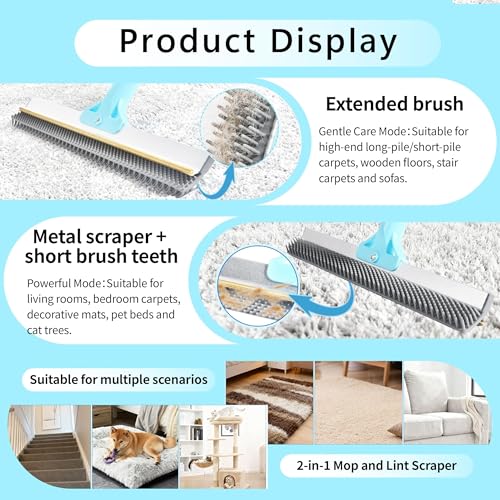 Lazyfeel Pet Hair Remover for Carpet & Upholstery, Adjustable Handle | Double-Sided Rubber Carpet Rake for Dog & Cat Fur. 4-Piece Kit: Rake, Mini Brush, Gap Scraper, Grooming Glove. Reusable.