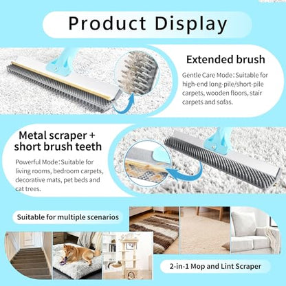 Lazyfeel Pet Hair Remover for Carpet & Upholstery, Adjustable Handle | Double-Sided Rubber Carpet Rake for Dog & Cat Fur. 4-Piece Kit: Rake, Mini Brush, Gap Scraper, Grooming Glove. Reusable.