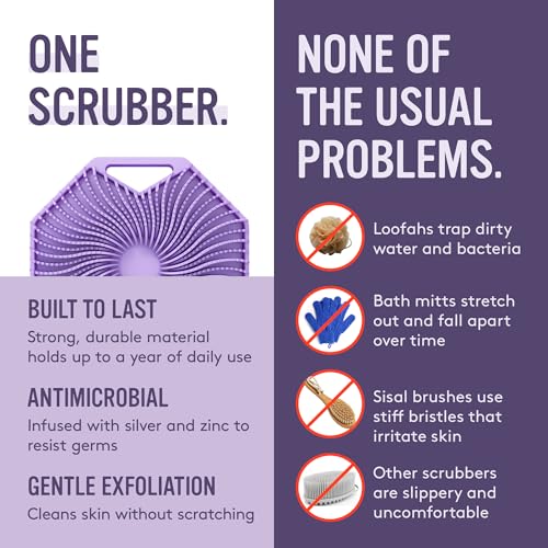 Sud Scrub® Antimicrobial Silicone Body Scrubber, Exfoliating Body Brush for Sensitive Skin, Antibacterial Shower Scrubber for Body, Bathroom Essentials for Men & Women, Purple - color: Purple