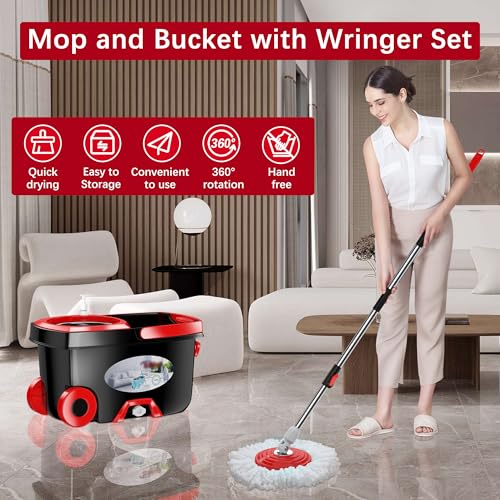 FunClean Spin Mop and Bucket for Home Cleaning, 360° Rotating Floor Mop with Wringer, Adjustable 61" Handle for Back Pain Relief, 6 Microfiber Replacement Heads, 2 Easy-Move Wheels - Black - size: Black Mop Bucket with 6 Extra Refills