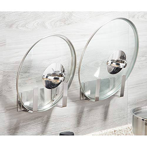 Pot Lid Rack, Wall Mounted 304 Stainless Steel Pan Lid Organizer Holder, 3M Self Adhesive, Kitchen Cooking Utensil Tool (Silver, Set of 2) - color: Silver(Set of 2)