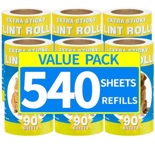 Extra Sticky Lint Roller Refills 540 Sheets Total (6 Rolls x 90 Sheets), Pet Hair Remover Refill Rolls for Cat and Dog Hair Removal,Clothes, Furniture, Carpet, Dust - size: 540 Sheets Refills