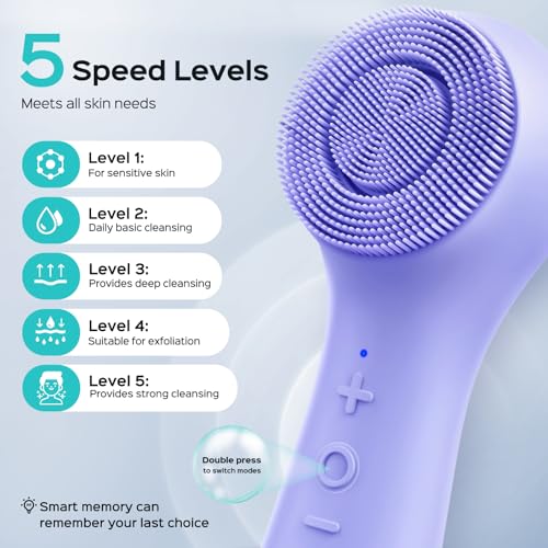 COSLUS Face Scrubber Facial Cleansing Brush: 2 in 1 Spin and Vibration Patented Tech, Silicone Electric Exfoliator Scrubber with Automatic Foaming, Waterproof Face Cleanser Brush for Men (Purple) - color: Purple