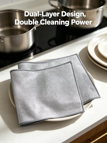 12 Pack Silver Metal Mesh Dish Washing Cloths, Tightly Woven Scrubber Pads for Kitchen Cleaning, Reusable Wire Rags for Pots Pans and Cookware, 20cm Square Size
