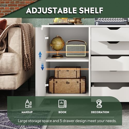 DEVAISE 5-Drawer Wood Drawer Cabinet, Office Storage Cabinet with Adjustable Shelf & Wheels, Printer Stand for Home Office, White - color: White