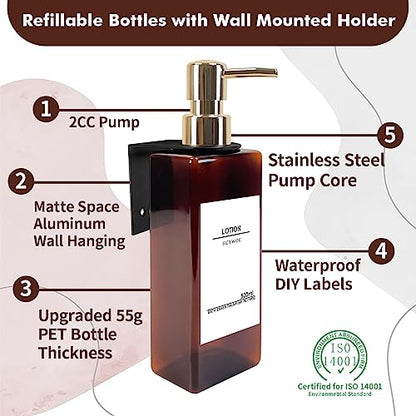 Shampoo Dispenser for Shower Wall, Shampoo and Conditioner Dispenser with 16 Waterproof Labels, No Drill Shower Soap Dispenser Bathroom, Shower Soap Dispenser Wall Mounted 3 Chamber, 17oz, Gold Amber - color: Amber Bottle + Gold Pump