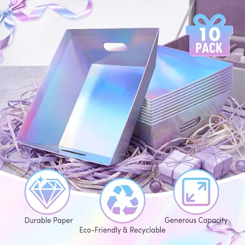 AFOROEOA 10 PACK Laser Gift Baskets for Gifts Empty, 12x10x4” Holographic Iridescent Gift Basket Kit with 10 Bows & 10 Bags - Large Empty Gift Baskets to Fill for Christmas, Weddings, Birthdays, Holiday Gifting Hampers - color: 10 Laser