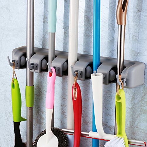 TOGU Mop and Broom Holder Wall Mounted 5 Position Storage Rack with 6 Retractable Hooks Holds up to 11 Tools Utility Weatherproof Holder for Garage Storage Systems Broom Organizer,Gray - color: Gray, size: 5 slots