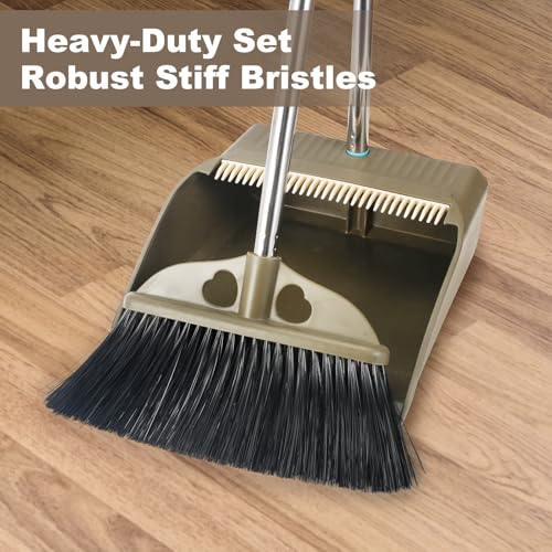 Upgrade Broom with Dustpan Combo Set,48'' Long Handle Stiff Broom Bristles with Heavy Duty Dust Pan,Indoor Outdoor Easy Sweeping for Kitchen Lobby Garage Home
