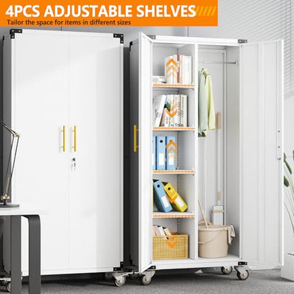 Broom Closet Storage Cabinet, Metal Cleaning Cabinets with Hanging Rod and S-Hooks, Lockable Tool Cabinets, Utility Cabinet for Garden, Bathroom, Laundry Room, White - color: White