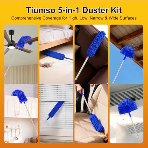 Tiumso Dusters for Cleaning,Microfiber Feather Duster 5-in-1 Kit, Duster with Extension Pole 100 Inches, Cobweb Duster, Microfiber Dusters for High Ceilings and Fans, Blinds and Cars - color: Blue
