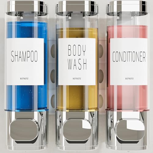VITVITI Shampoo and Conditioner Dispenser for Shower Wall, Shower Soap Dispenser 3 Chamber No Drill Wall Mounted, 10.2 OZ Plastic Refillable Shower/Body Wash Bottles for Bathroom (Silver) - color: Silver