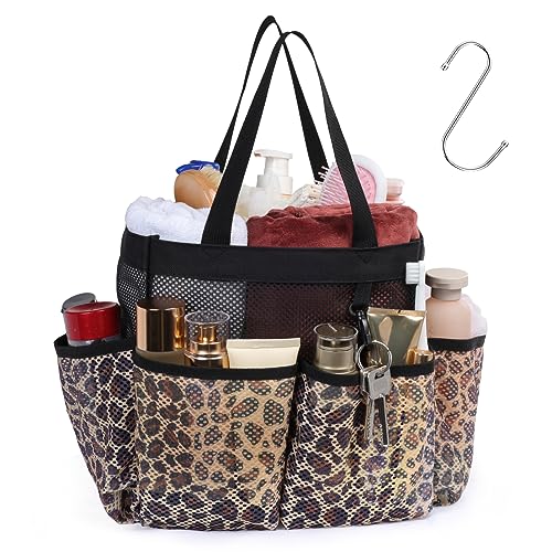 F-color Mesh Shower Caddy Portable - Shower Bag for College Dorm, Leopard | Quick Dry, with S Hook, College Dorm Room Essentials for Camp, Gym, Travel, Freshmen, Camping, Bathroom, Shower Tote - color: L, Leopard, size: L (Classic Dorm Caddy)