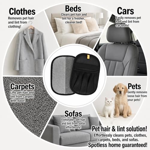 2 PCS PAWZZ Pet Hair Removal Glove for Dogs & Cats, Great for Deshedding & Removing Fur from Couch, Carpet, Car Seats & Clothing, with Bonus Lint Roller