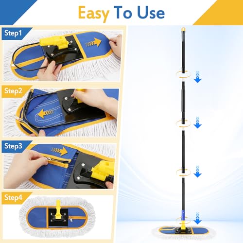 SOBONNE Dust Mop for Floor Cleaning with Washable Cotton Mop Pads | Wet Dry Use, 16" Floor Duster Metal Frame,56 Inch Long Handle for Hardwood Wood Tile Vinyl Laminate Marble,Blue - size: 16 Inch (Mop with 2 Pads)