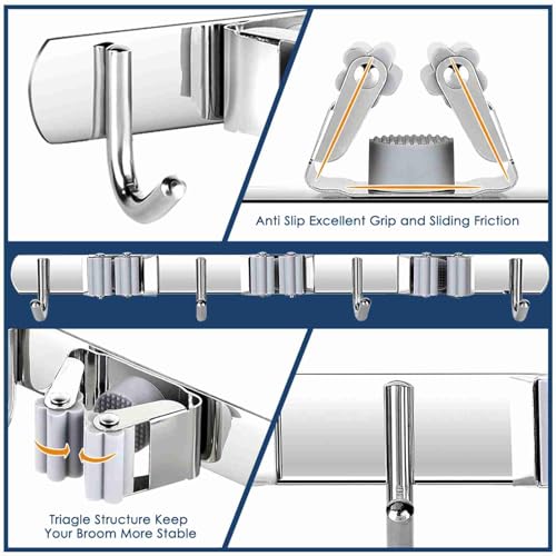 Tool Holder,2 Pack 3 Clip 4 Hook Rack,Steel Anti Rust Wall Mount Multi Function Storage for Kitchen Bathroom Garden Household Cleaning Tool Organizing Accessories